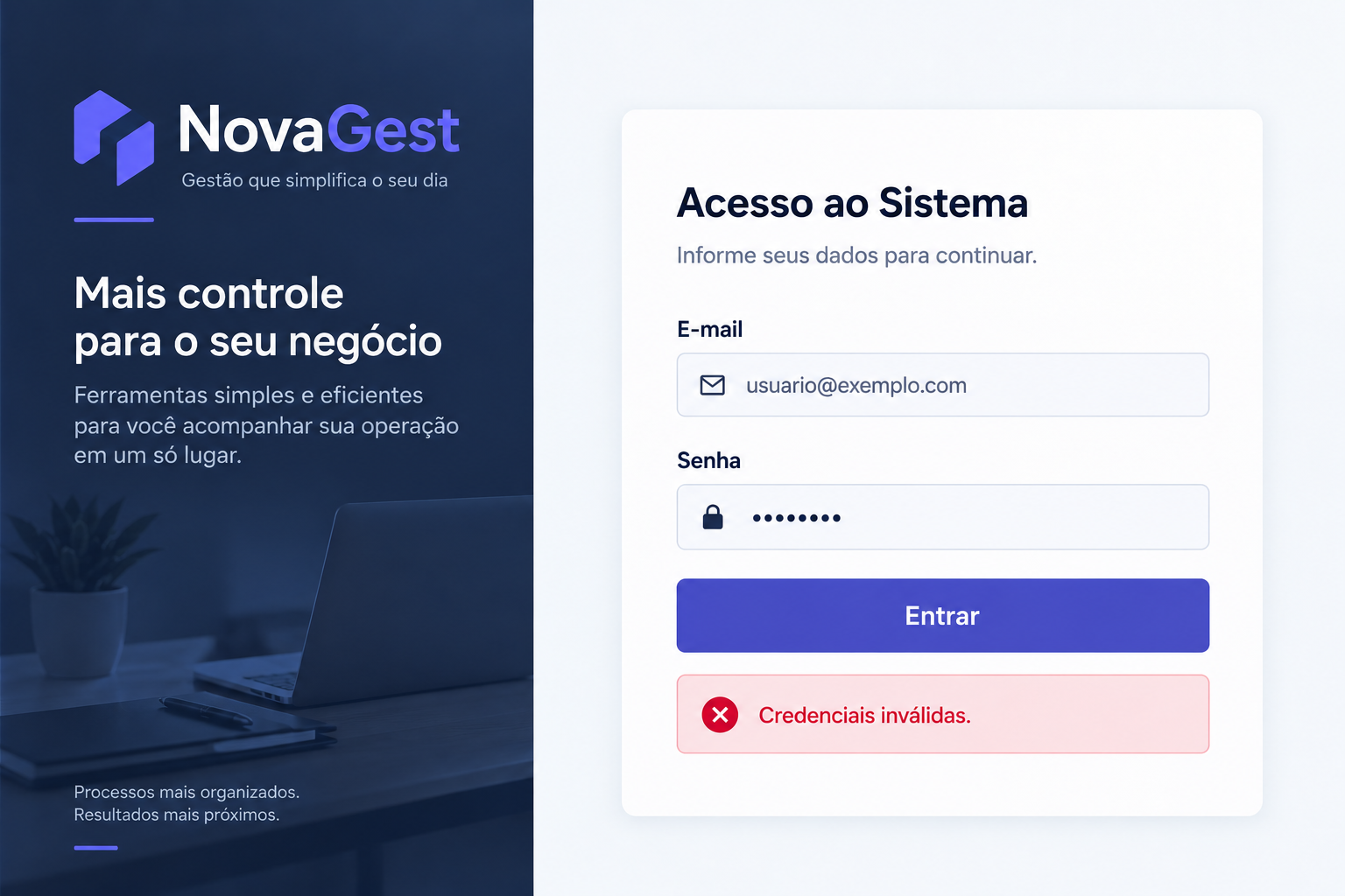 Evidência do teste de login com credenciais inválidas